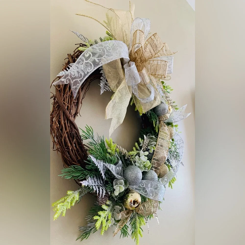 HAND CRAFTED Gold and Silver Ornament Embellished Christmas Wreath